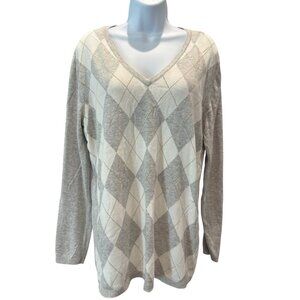 Tommy Hilfiger XL Argyle Sweater Gray‎ Cream Metallic V-Neck Classic Fall Preppy